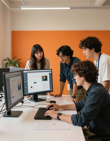 A bright photography shot of young agency creatives collaborating at a minimalist desk inside a North American / US loft office. They are reviewing creative project layouts on screens, surrounded by vibrant orange decor and warm cream architectural details under warm natural lighting.
