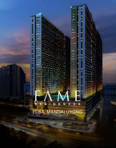 Night view of SMDC Fame Residences luxury high-rise condominium towers in EDSA, Mandaluyong.