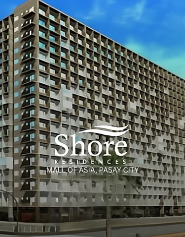 Modern facade of Shore Residences luxury condominiums near Mall of Asia in Pasay City.