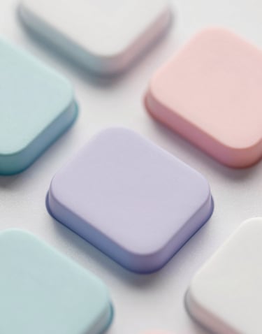 Close up of a tactile digital interface with large rounded buttons and soft shadows, pastel color scheme, representing hybrid experiences.