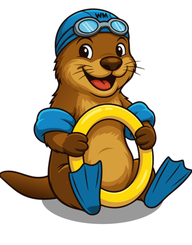 De vrolijke otter mascotte van NextWave zwemschool in Liedekerke met zwembril en badmuts.