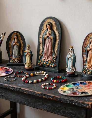 An artistic photography display inside a Chilean artisan studio. Beautifully arranged hand-painted virgin figures, beaded necklaces, and colorful bracelets rest beside paint palettes and fine brushes on a dark charcoal wooden mesón under soft studio lighting.