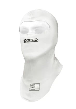 White Sparco fire-resistant racing balaclava for motorsports safety and driver protection.