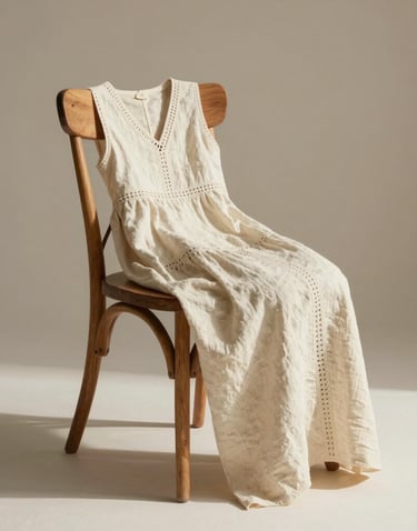 Un vestido largo de lino color crema sin mangas con detalles de encaje colocado sobre una silla de m
