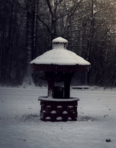 Pozo cubierto de nieve en un bosque invernal con árboles sin hojas al fondo