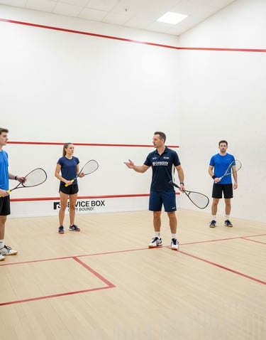 Three men and woman playing squash on a squash court
