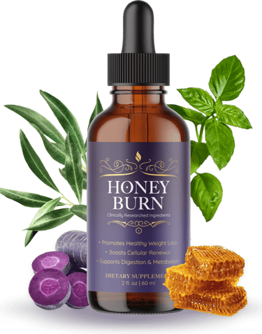 Honey Burn liquid weight loss supplement bottle with honeycombs, purple carrots, and green herbs.