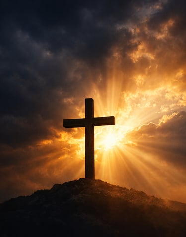 alt="Cross with light overcoming darkness representing Christ covering sin and shame"