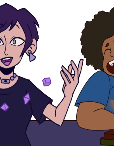 Drawings of Kay smiling with dice floating before them while David laughs, slapping a stack of books