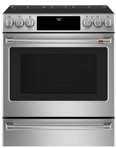 A modern stainless steel freestanding range with a digital clock display and multiple control knobs on the top panel.