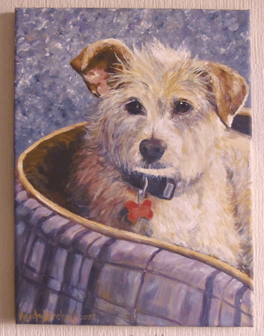 Commissioned portrait of dog in their favourite bed, taken from owner's photograph, painted in acrylics