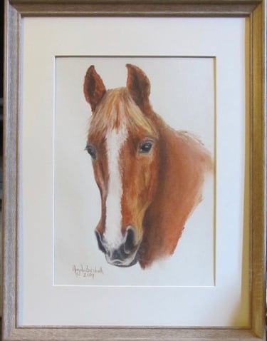 Commissioned portrait of chestnut pony, taken from owner's photograph, drawn in soft pastel