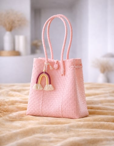Handwoven peach pink plastic tote bag handmade from recycled materials by Indonesian artisans