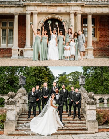 a bride and groomsmid posing for a wedding photo