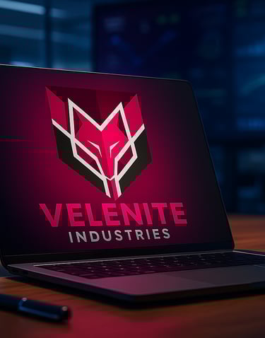 Portátil em cima de uma secretária, mostrando o logótipo da Velenite Industries