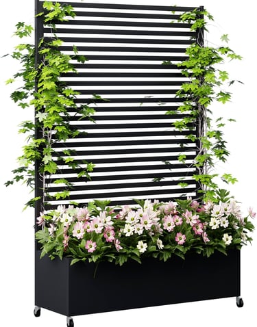 Black metal garden planter with trellis featuring climbing ivy and pink flowers on wheels.