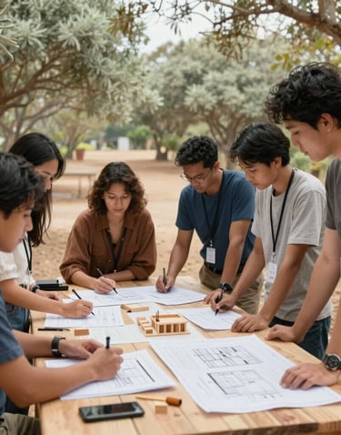 An inspiring group of changemakers working collaboratively around an outdoor timber table with blueprints and sustainable building models. Framed by light sage green trees and warm sand earth tones under soft natural daylight. Realistic photography reflecting community stewardship and visionary leadership in a Global / Sustainable & Impact Community.