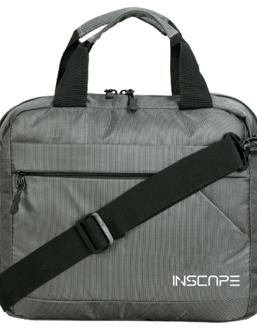 a grey laptop bag with a logo on the side and black shoulder strap and front pocket