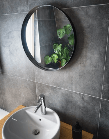 Miroir design, plante verte, carrelage noir pour un esprit design