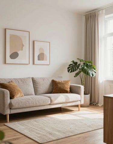 Modern eingerichtetes Wohnzimmer einer hochwertigen Wohnung für Kurzzeitvermietung