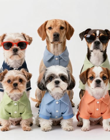 .Seis adorables perros de diversas razas con coloridas camisetas polo y gafas de sol sobre un fondo 