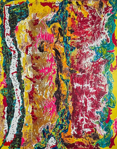 Vibrant abstract expressionist painting featuring thick impasto texture in red, yellow, and blue hues.