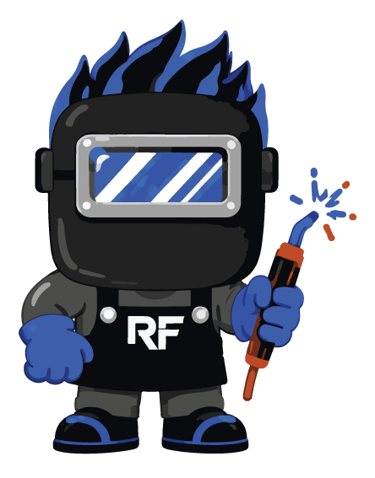Cartoon welder character with a black helmet and blue hair holding a sparking welding torch.