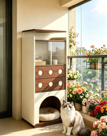 Cat cabinet placed beside a sunny window with a soft pet bed area, helping cat essentials blend into