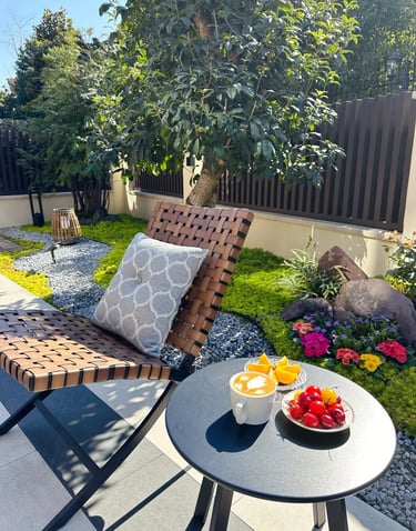 Comfortable garden retreat with outdoor seating, natural greenery, ambient lighting and cozy outdoor lifestyle inspiration.