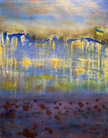 Glory to Ukraine  50.8 x 40.64 cm Airbrushed, Poured Paint, Oil on Canvas In Private Collection