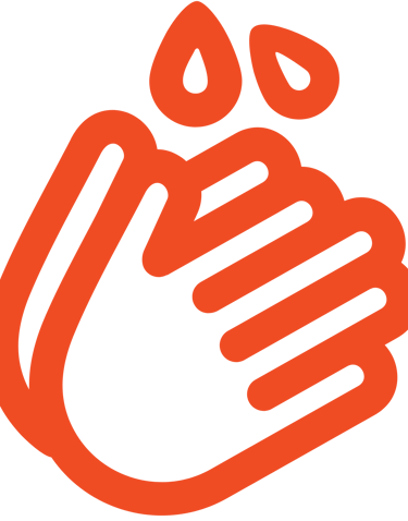 Orange line art icon of hands washing with water drops for hygiene and sanitation.