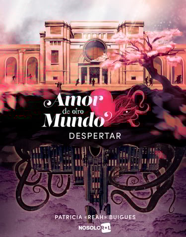 Ilustracion de una universidad con un cerezo y su versión oscura invertida. Portada del la aventura