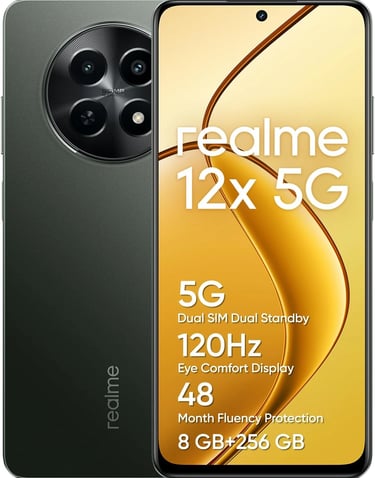 realme Teléfono Móvil 12x 5G 6+128GB, batería de 5000 mAh, NFC, Negro Brillante