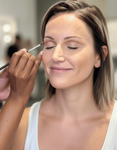 a woman is getting her makeup done by a professional makeup artist