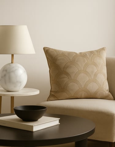 Japandi bamboo pendant light hanging above a neutral living room