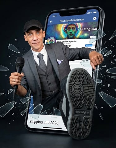 Paul David Carpenter AI Magician emerging from a smartphone in a surreal AI-generated image