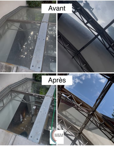 Avant après nettoyage remise en état d'une verrière difficile d'accès - m&m services pro rouen
