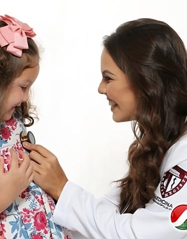 Dra Kamila Caixeta Pediatra escutando o coração de uma criança