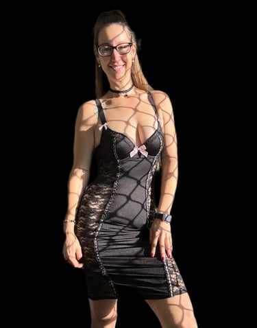 Pleasurelit Patricia wearing a Lovehoney lingerie dress