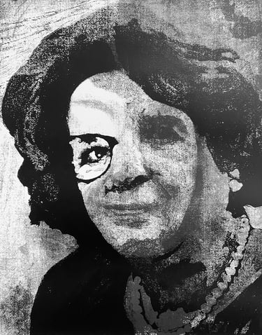 a black and white photograph of a woman, named Mrs Robinson with glasses
