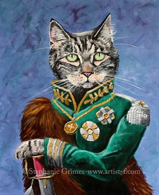 Acrylic painting of a tabby cat dressed in a regal green military general uniform with medals.