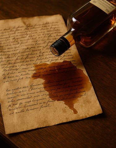 une bouteille de wiskey coule sur une feuille