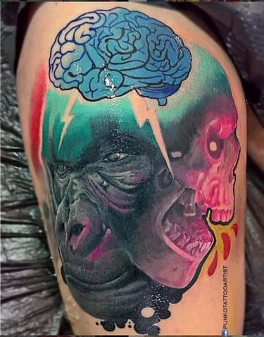 a gorilla with a brain map of a brain and a brain