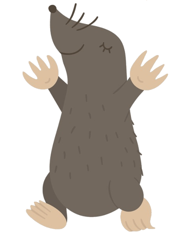a little brown cartoon mole walking with his hands out and eyes shut
