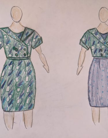 The fashion sketch of a navy polka dot reversible sheath dress and green 50's inspired jacket