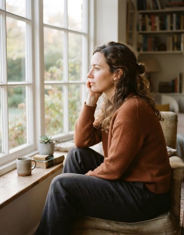 A thoughtful woman looking out of a large window with soft morning light filtering in, warm domestic setting, 35mm photography
