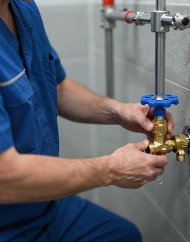 A professional sanitary technician in clean work uniform adjusting a water pressure control valve in a modern German residential building basement. Focus on hands and brass fittings, clean, crisp lighting, deep water-blue and slate-grey color palette, Central European / Germany.
