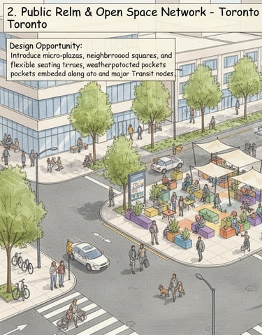 Urban public realm architecture study exploring mobility corridors and civic spaces in Toronto