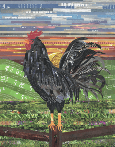 Handcrafted mixed media collage art of a black rooster made from recycled magazine paper strips.