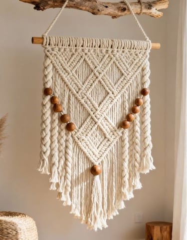 Tapiz de macramé color crema hecho a mano, con cuentas de madera y rombos